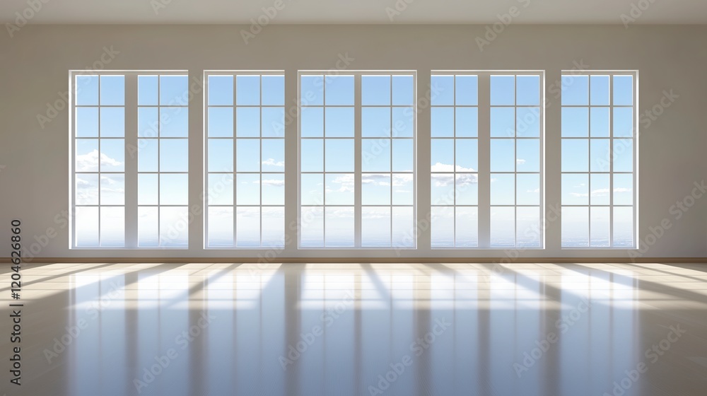 Poster a large room with a view of the sky and mountains. the windows are large and clear, letting in plent