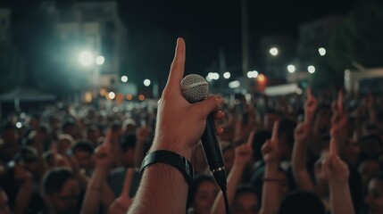 A electrifying concert scene, with a hand gripping a microphone against a sea of enthusiastic fans, highlights the raw energy of live music and connection.