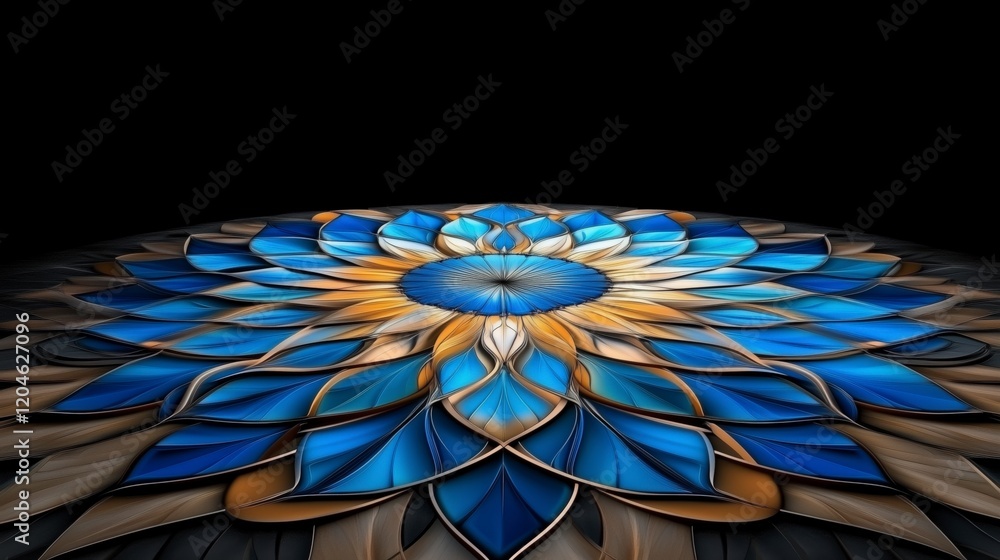 Poster a blue flower with yellow petals is the main focus of the image. the flower is surrounded by a patte