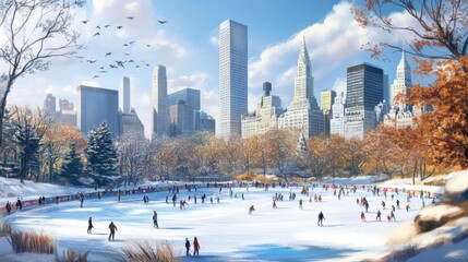 Fototapeta premium Ice skating rink with New York City skyline with skyscrapers.