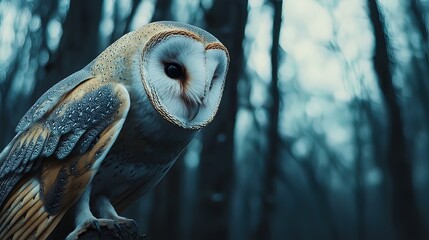 Majestic barn owl perched on a tree stump in a dark forest, showcasing its intricate feather details and intense gaze.