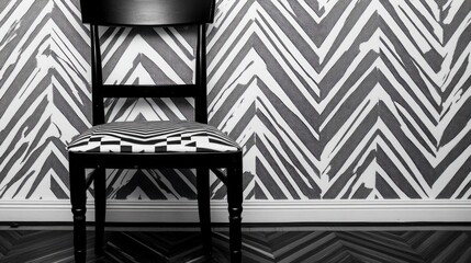 Black chair with geometric patterned seat against a chevron wallpaper background.