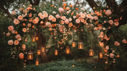 Romantic Peach Rose Floral Wedding Arch with Hanging Lights