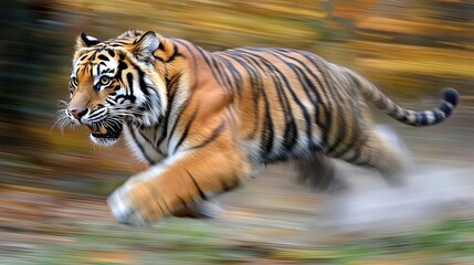 Obraz premium Majestic tiger running through autumn forest, blurred motion effect.