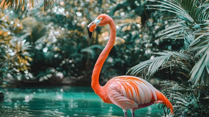 Fototapeta premium Pink flamingo standing in tropical foliage near water.
