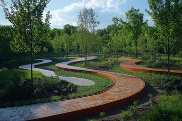 Obraz premium Winding jogging track in a green park passing through a scenic and peaceful environment