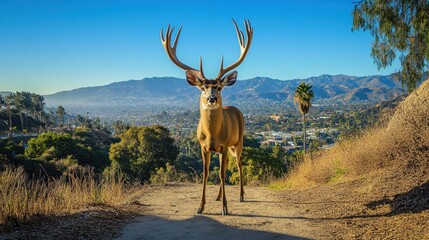 Majestic buck deer on mountain trail overlooking city.