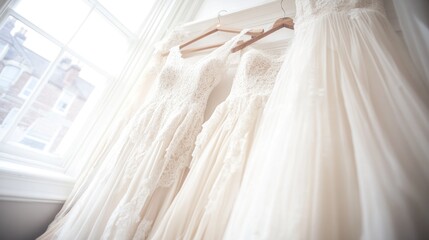 Three elegant wedding dresses hanging near a window.