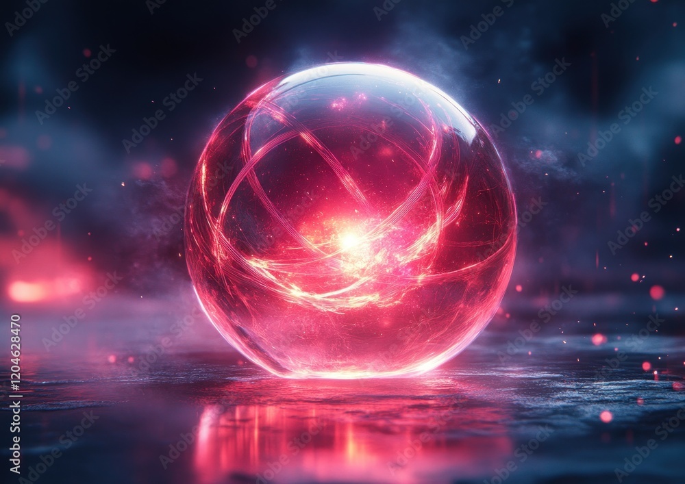 Poster futuristic abstract sculpture with translucent sphere and swirling ribbons of light in cyberpunk sty