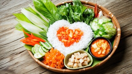 Heart-shaped rice dish with assorted vegetables, sauces, and tofu.