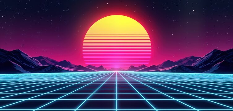 Retro futuristic landscape shows grid pattern. Neon glow lights tech grid. Synthwave colors like pink, yellow. 80s retro aesthetic. Vast landscape with mountains in background. Stylish design for