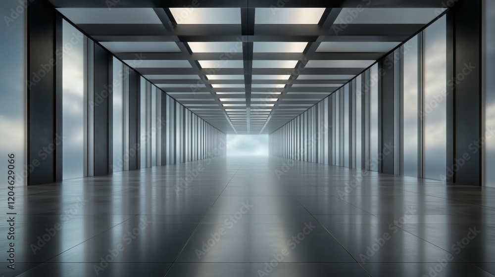 Poster a long, empty hallway with a lot of light shining on the floor. the space is very open and airy, giv