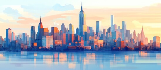 Obraz premium Vibrant sunrise cityscape reflected on calm water.