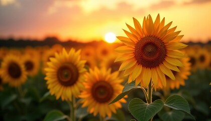Obraz premium Bright yellow sunflowers in a field at sunset. Beautiful landscape. Summer vibes. Golden hour. Nature scene. Inspiring. Hope. Growth. Sunshine. Warmth. Abundant flowers. Happy.