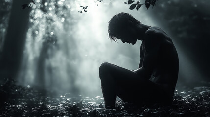 Silhouette of a sad man kneeling in a forest, backlit, dark mood, monochrome color scheme, with soft light rays and a misty atmosphere.
