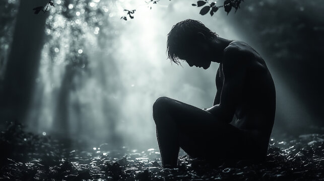 Silhouette of a sad man kneeling in a forest, backlit, dark mood, monochrome color scheme, with soft light rays and a misty atmosphere.