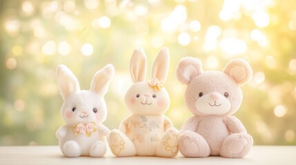 Three adorable plush toys, a white bunny, a floral bunny, and a beige bear, sitting together against a bright, bokeh background.