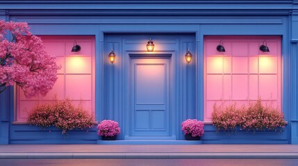 Charming Pink and Blue Storefront at Dusk
