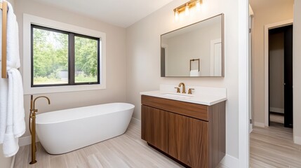 Modern Minimalist Bathroom with Freestanding Bathtub and Stylish Vanity