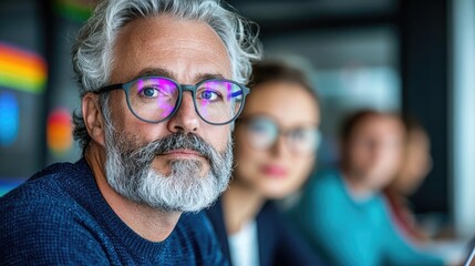 Confident mature man in a business meeting. Teamwork, office background.  For leadership, corporate articles