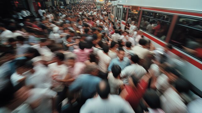 A bustling city scene captures the chaotic energy of a crowd in motion, blending into a swirl of colors against a towering urban backdrop.