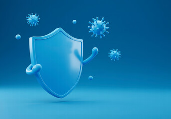 3D vector of a blue shield with a glass front, protecting against germs and bacteria, ideal for advertising germ prevention products on a blue background.