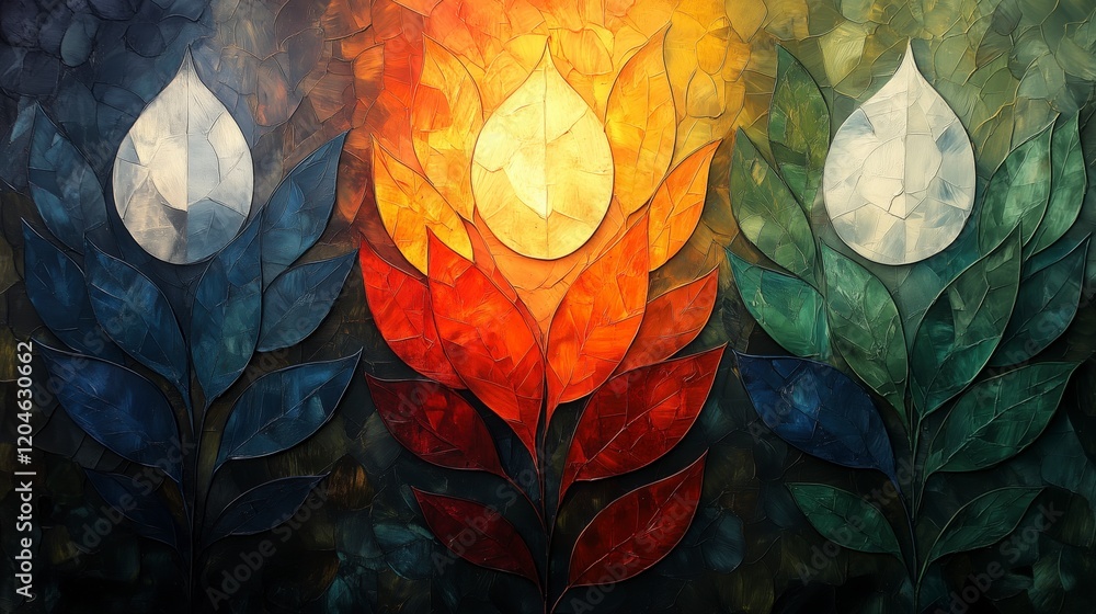 Poster a painting of three flowers with different colors and sizes. the painting is abstract and has a lot 