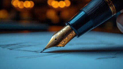 Fototapeta premium Close-up of a gold-nib fountain pen elegantly writing on blue-toned paper, showcasing the artistry of handwriting and fine writing instruments.