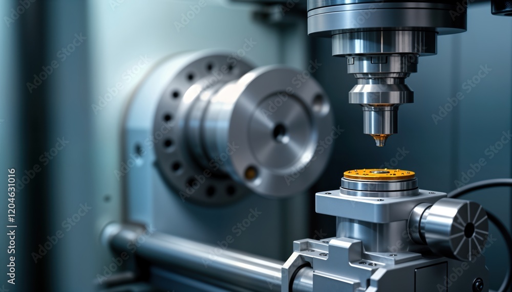 Fototapete Advanced CNC lathe machine precisely processes metal component. Industrial equipment executes complex machining procedure. Metalworking tech creates precise component. Automated manufacturing