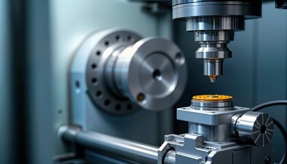 Fototapeta premium Advanced CNC lathe machine precisely processes metal component. Industrial equipment executes complex machining procedure. Metalworking tech creates precise component. Automated manufacturing