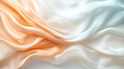 Fototapeta premium Soft, flowing waves of peach and white silk intertwine gracefully, their textures creating a delicate and elegant composition.