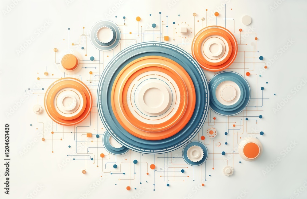 Poster abstract graphic design with colorful circles, interconnected lines. modern geometric shapes overlap