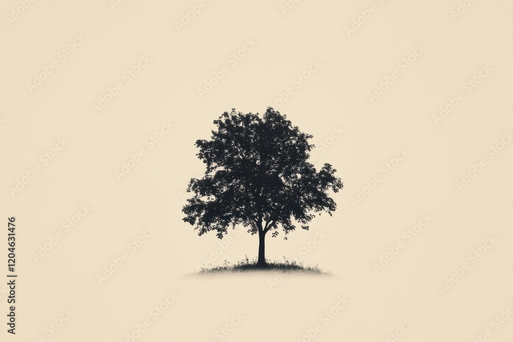 Poster solitary tree standing on grassy hill against neutral background in peaceful natural setting. genera
