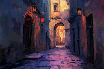 Obraz premium In the narrow alley, the sound of footsteps grew louder, creating a suspenseful and atmospheric scene