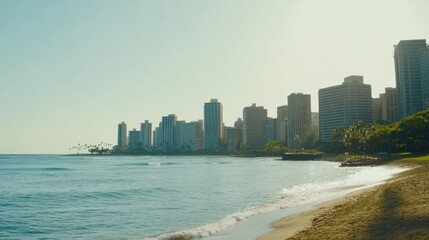 Obraz premium Sunny coastal city skyline with ocean waves lapping sandy beach.