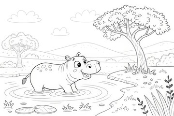 A happy hippo wading in a tranquil landscape scene. outline for coloring.