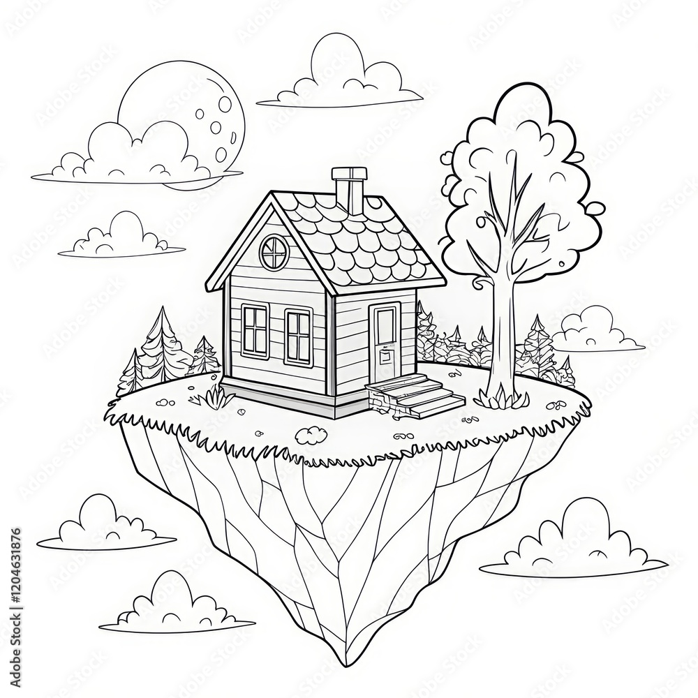 Poster floating house on an island with trees and clouds in a whimsical landscape. outline for coloring.