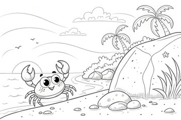 Fototapeta premium Cartoon crab near a rocky beach with palm trees and clouds in the background. outline for coloring.