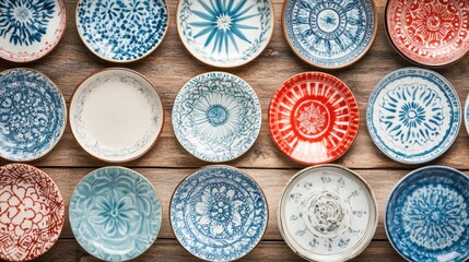 Collection of decorative plates with various patterns and colors arranged on wooden surface.