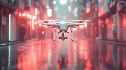 Drone Camera Flying Over Neon City Street at Night