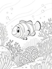 Fototapeta premium Underwater scene featuring a cartoon fish amidst coral reefs. outline for coloring.