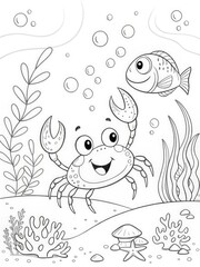 Fototapeta premium Cheerful crab and fish in an underwater scene with bubbles and seaweed. outline for coloring.