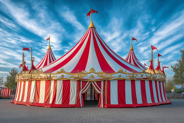 Large Striped Carnival Tent with Red and White Fabric for a Fun, Festive Atmosphere