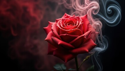 Beautiful red rose with smoke swirling around. Dramatic dark background. Stunning floral art. Intriguing texture, motion. Rose embodies romance, passion. Perfect for Valentine Day anniversary gifts.