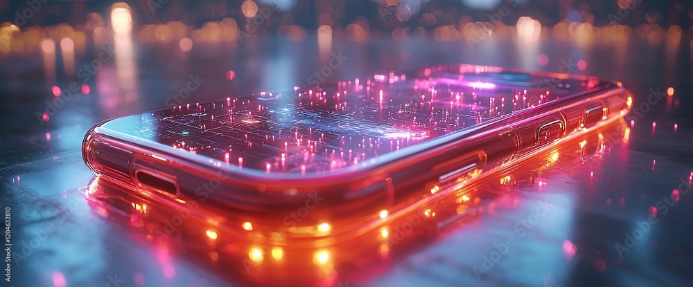 Poster Glowing smartphone with futuristic digital data streams.