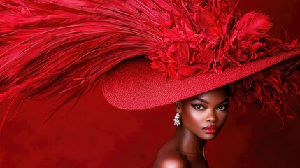 Red feathered hat, model pose, red background, fashion photography, for magazine
