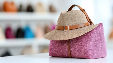 Straw hat on pink bag in boutique; shopping background