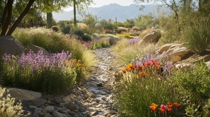 Fototapeta premium Serene Desert Oasis: A Tranquil Stream Meanders Through Vibrant Wildflowers and Sun-Drenched Rocks
