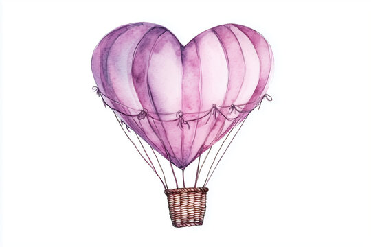 Hand-Drawn Watercolor Heart-Shaped Hot-Air Balloon for Valentine&rsquo;s Day on White Background