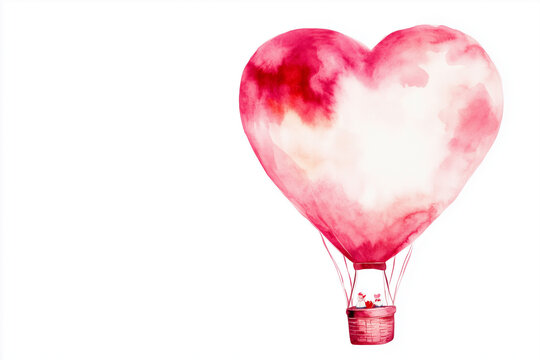 Hand-Drawn Watercolor Heart-Shaped Hot-Air Balloon for Valentine&rsquo;s Day on White Background